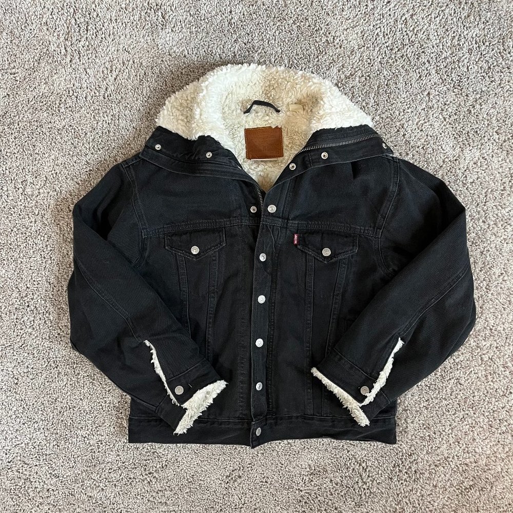 LEVI'S PREMIUM DAD SHERPA PARKA DENIM JACKET 'Black' SIZE WOMENS XS
